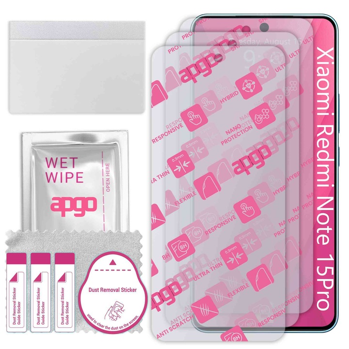 3x apgo Ultra-Clear Hybrid sticla protectoare compatibila cu Xiaomi Redmi Note 15 Pro, sticla nano flexibila, inlocuire excelenta pentru sticla temperata