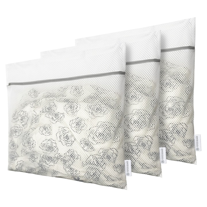 Set 3 saci de rufe din plasa cu fermoar, Foyer Nuage, 24x24 inch, extra mari, protectie pentru delicate, organizare calatorie