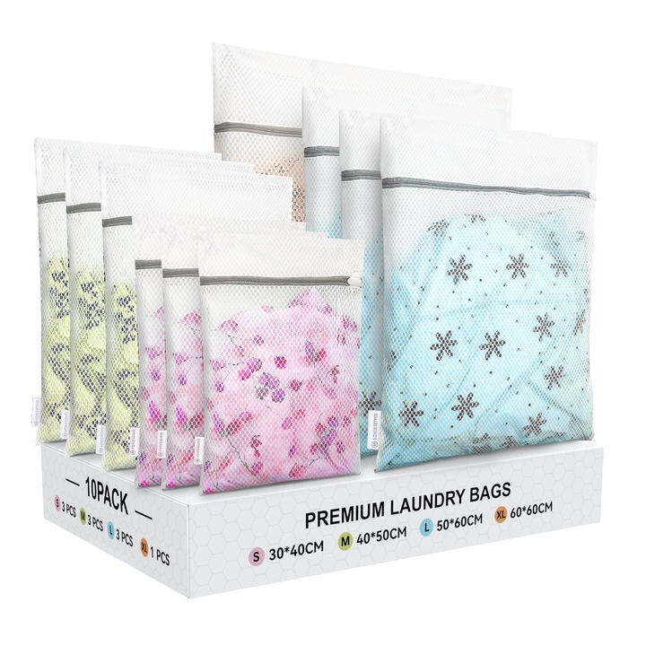 Set 10 saci de spalare din plasa pentru delicate, Foyer Nuage, alb, dimensiuni S, M, L, XL