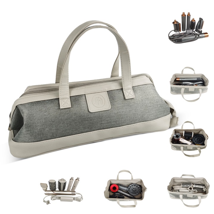 Geanta de calatorie pentru uscator de par Foyer Nuage, capacitate mare, material impermeabil, 40x18x13 cm, gri deschis