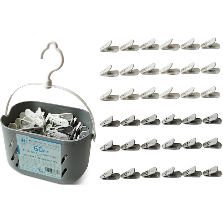 Комплект 60 щипки за пране, Foyer Nuage, С поставка, Пластмаса, Сив/Бял