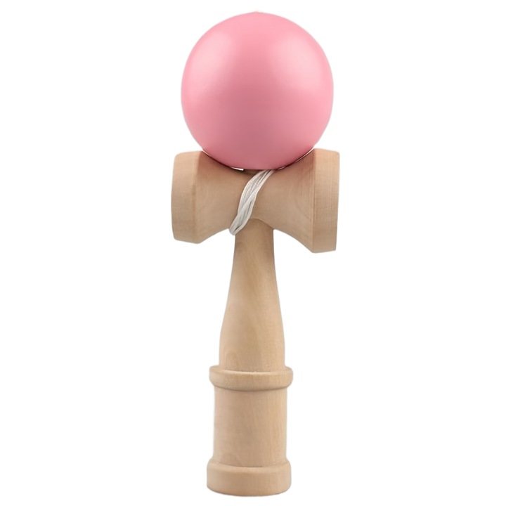 Minge Kendama vintage, roz, din lemn, pentru adulti, antrenament coordonare mana-ochi si echilibru