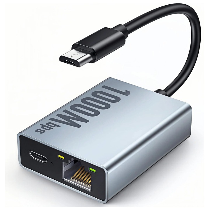 Adaptor Ethernet, BOMSTOM, USB-C la RJ45, 1000Mbps, compatibil cu Chromecast cu Google TV HD/4K, 3.8x5x1.4cm, argintiu