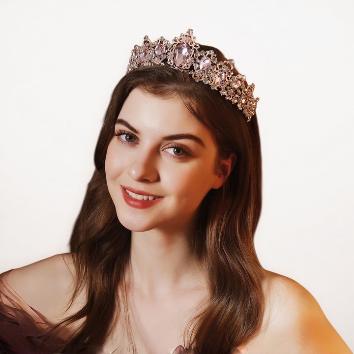 Női tiara, Fantasy, Menyasszonyi korona, rózsaszín/ezüst strassz, ötvözet és kövek, 14.5x6cm, kézzel készített, menyasszonyi tiara, hercegnő tiara, haj kiegészítő dekorációk, csillogó, lányoknak, esküvőkre, bálokra, születésnapi partikra