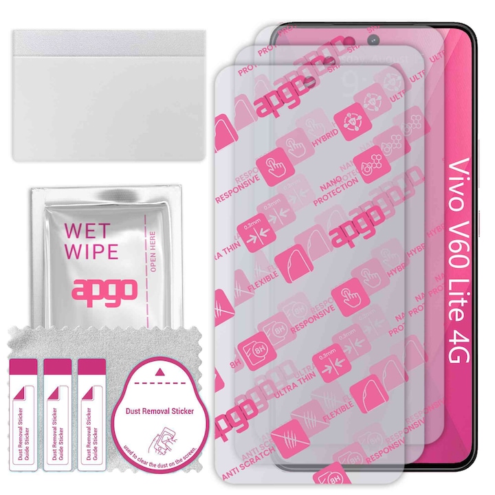 3x apgo Ultra-Clear Hybrid протектор за екран, съвместим с Vivo V60 Lite 4G, гъвкаво нано стъкло, отлична подмяна на закалено стъкло