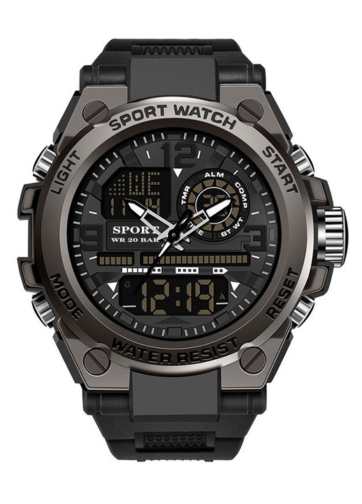 Ceas sport pentru barbati CEAS SPORT TACTIC, XONGSOR®, afisaj dual analogic-digital, rezistent la apa pana la 50 m, cu iluminare LED, cronograf, alarma si calendar, rezistent la socuri si praf, ideal pentru drumetii in aer liber