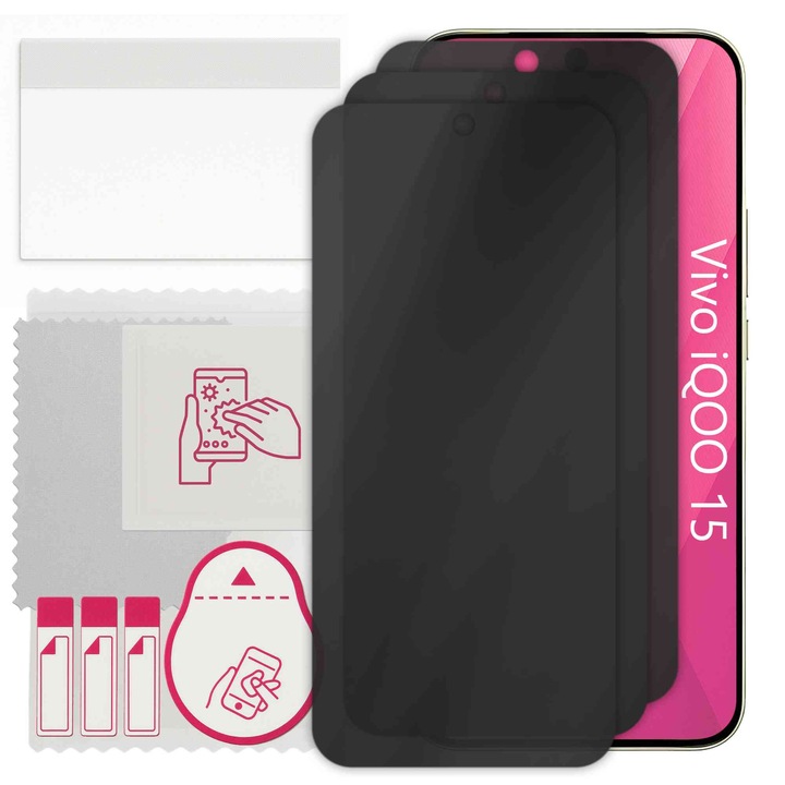 3x Защитно стъкло PRIVACY apgo за Vivo iQOO 15 – хибридно стъкло, пълно лепило, гъвкаво стъкло