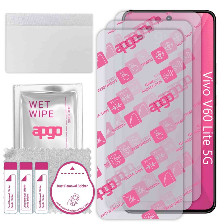 3x apgo Ultra-Clear Hybrid протектор за екран, съвместим с Vivo V60 Lite 5G, гъвкаво нано стъкло, отлична алтернатива на закалено стъкло