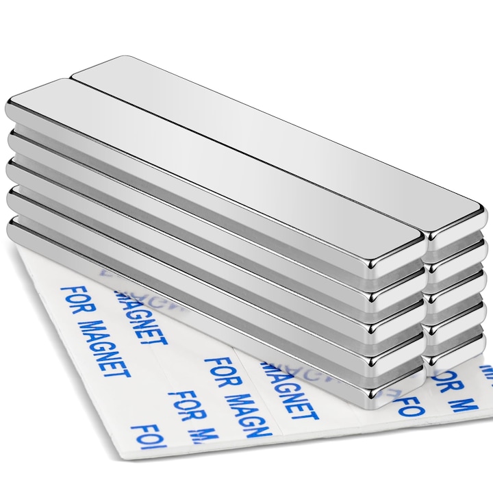 Set 10 buc Magneti neodim N52, 60x10x3mm, cu adeziv, Argintiu
