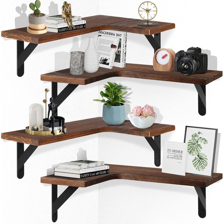 Set de 4 rafturi plutitoare de colt, EOGRFW, forma de L, lemn, maro