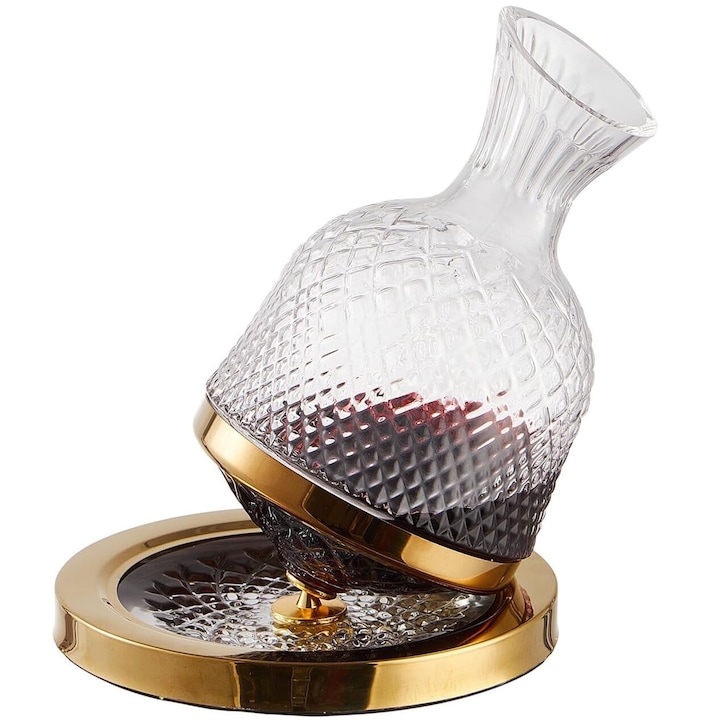 Decantor vin rotativ, 1500ml, sticla, transparent/auriu, 28x12cm