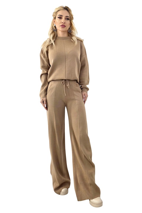 Compleu casual cu lana ELETRA FashionForYou, bluza asimetrica si cristale laterale, Bej, Marime universala M/L