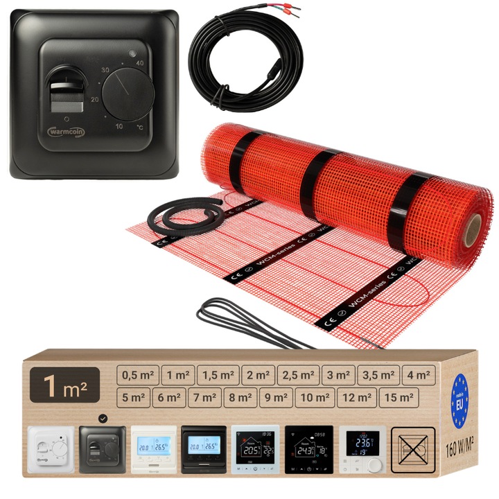 Pachet (saltea) covor incalzire in pardoseala Warmcoin WCM, 1.0 m² (160W, 230V), termostat analogic W70 cu senzor de pardoseala inclus, negru
