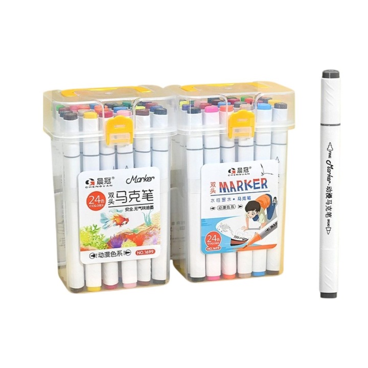 Set 24 Markere Cu Doua Capete, Culori Intense, Non-Toxice, In Cutie Transparenta, Pentru Desen, Scoala, Arta Si Proiecte Creative