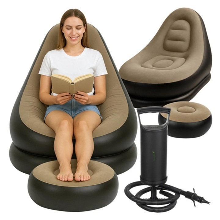 GARDLOV felfújható fotel puffal és pumpával, kényelmes szék pihenéshez, kertbe vagy beltérre, 120 kg-ig terhelhető, bársonyos PVC anyag, ideális felnőtteknek és terhes nőknek, könnyen felfújható és tárolható, bézs