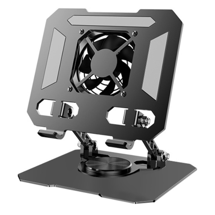 Suport pentru tableta si telefon cu cooler racitor KESNUP, compatibil cu dispozitive cu display intre 4 - 16 inch, portabil, rotativ 360°, trepied cu inaltime si inclinatia reglabila, material otel carbon, dimensiuni 18.5 x 16 - 15.5 cm, Gri