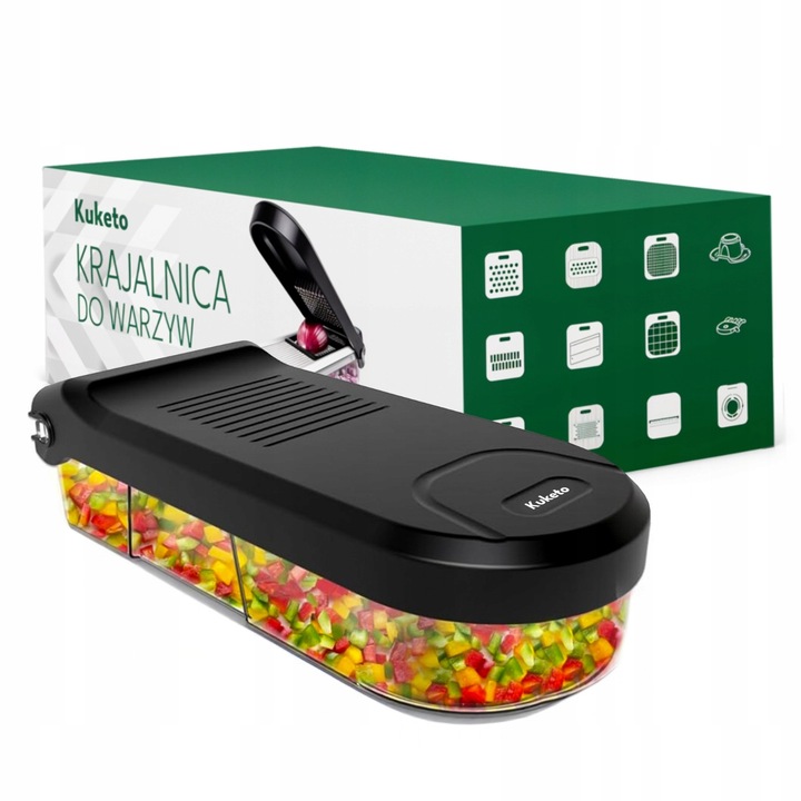 Feliator Legume Si Fructe 15in1, Kuketo SliceUp, Mandolina Multifunctionala Cu 10 Lame Inox Si Recipient, Taiere Cuburi Si Razatoare Julienne, Separator Oua Si Accesorii Curatare, Design Ergonomic, 27x12x7 cm, Negru/Alb
