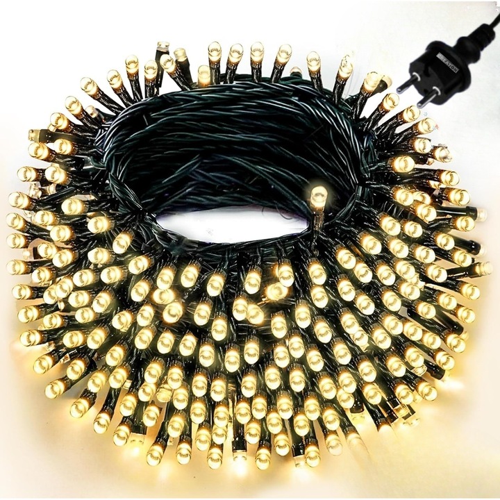 Instalație LED GREATON de Crăciun, 10m, 100 LED-uri mari, interconectabilă, alb cald, fir negru