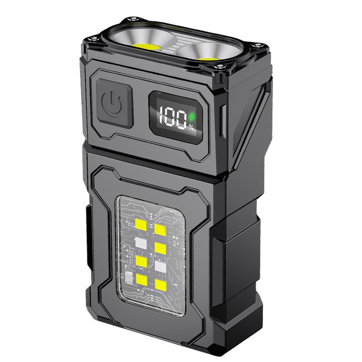 LED фенер, USB, червени и сини предупредителни светлини, сгъваем на 180°, 1500 mAh, 73 x 25 x 42 мм