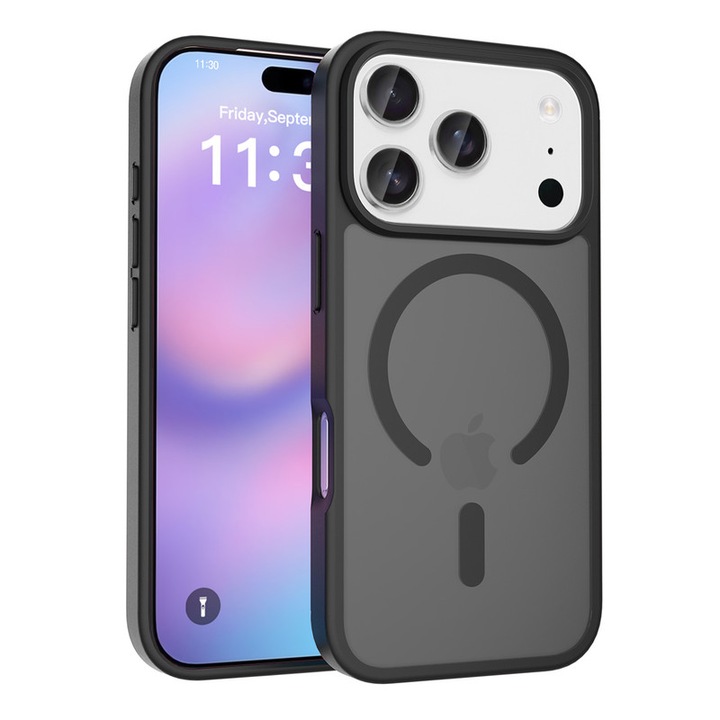 Husa magnetica pentru iPhone 17 Pro - Compatibila cu standardul magnetic universal, cu protectie anti-soc ultra-subtire de 2mm. Ofera protectie superioara la caderi de 1.2m，negru mat