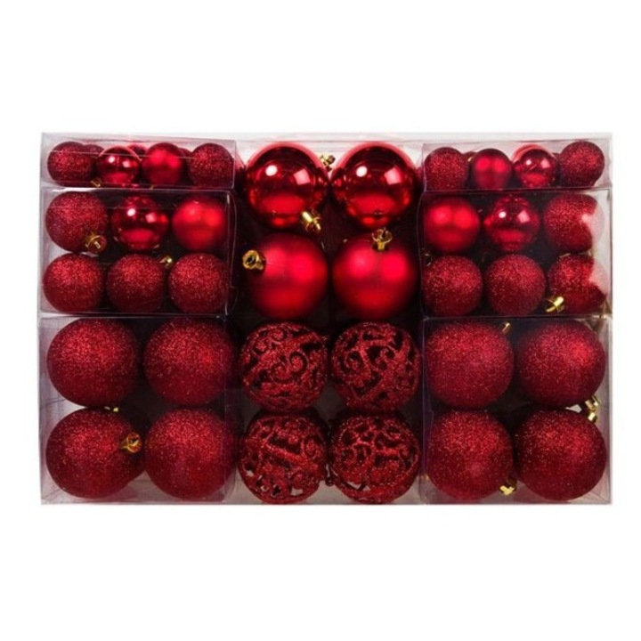 Set 100 Globuri de Craciun AB HOMES, Mate/Stralucitoare/cu Sclipici, Dimensiuni Mixte 3/4/6 cm, Rosu