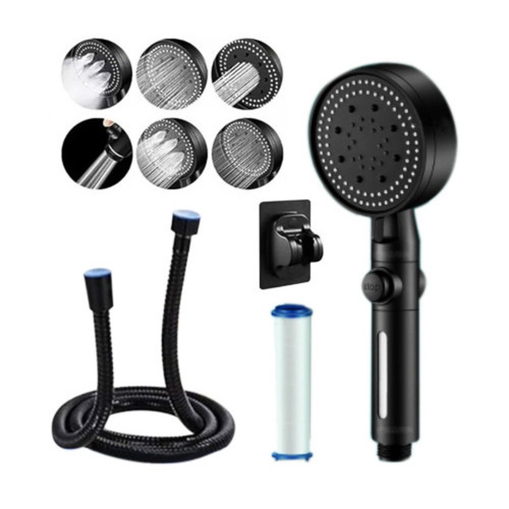 Cap de dus Luoistu, furtun inoxidabil 150cm, 5 moduri de spray, negru mat