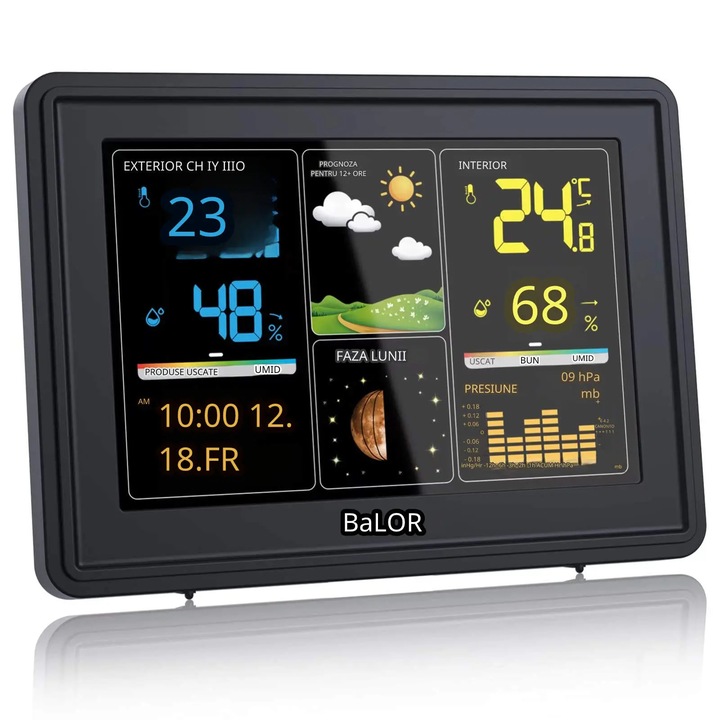 Statie Meteo BALDR, Afisaj Digital Color, Senzor Exterior, Termometru, Higrometru, Ceas Radio DCF, Prognoza Meteo