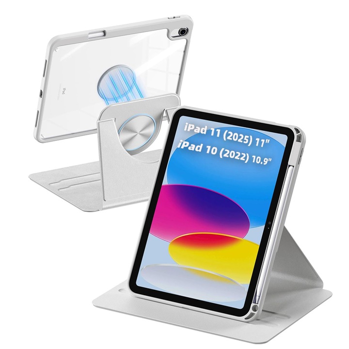Husa 360 Smart Cover compatibila cu iPad 11 (2025) 11", iPad 10 (2022) 10.9", Spate detasabil, Pencil Slot Rebound, Wake-Sleep, Camera Protection, Gri/Transparent