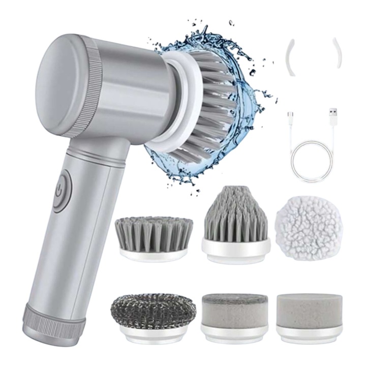 Perie electrica rotativa cu 6 capete de schimb, pentru curatare bucatarie, dus, gresie, faianta