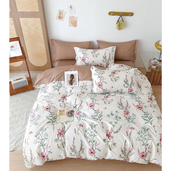 Nonsuch ágyneműhuzat garnitúra, 3 részes, pamut, virágmintás, rózsaszín/fehér, 140x200cm, párnahuzatok 70x90cm/40x50cm