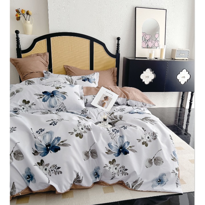 Nonsuch ágyneműhuzat garnitúra, 3 részes, pamut, virágmintás, fehér/bézs, 140x200cm, párnahuzatok 70x90cm/40x50cm