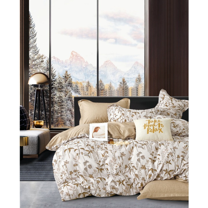 Nonsuch ágynemű garnitúra, 3 részes, pamut, lepedő 140x200cm, nagy párnahuzat 70*90cm, kis párnahuzat 40x50cm, virágmintás, bézs