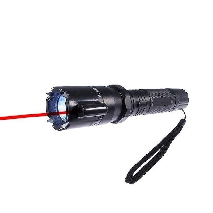 Dispozitiv cu electrosoc, lanterna reincarcabila, autoaparare, 9000 kV, LED, lumina laser, Negru