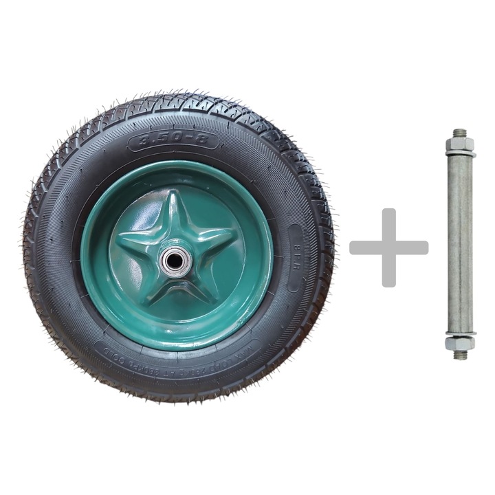 Roata roaba cu camera, 3.50-8, Max. 280 Kg, 8PR, rezistenta, janta metalica cu rulment 6202, AX 16 mm inclus