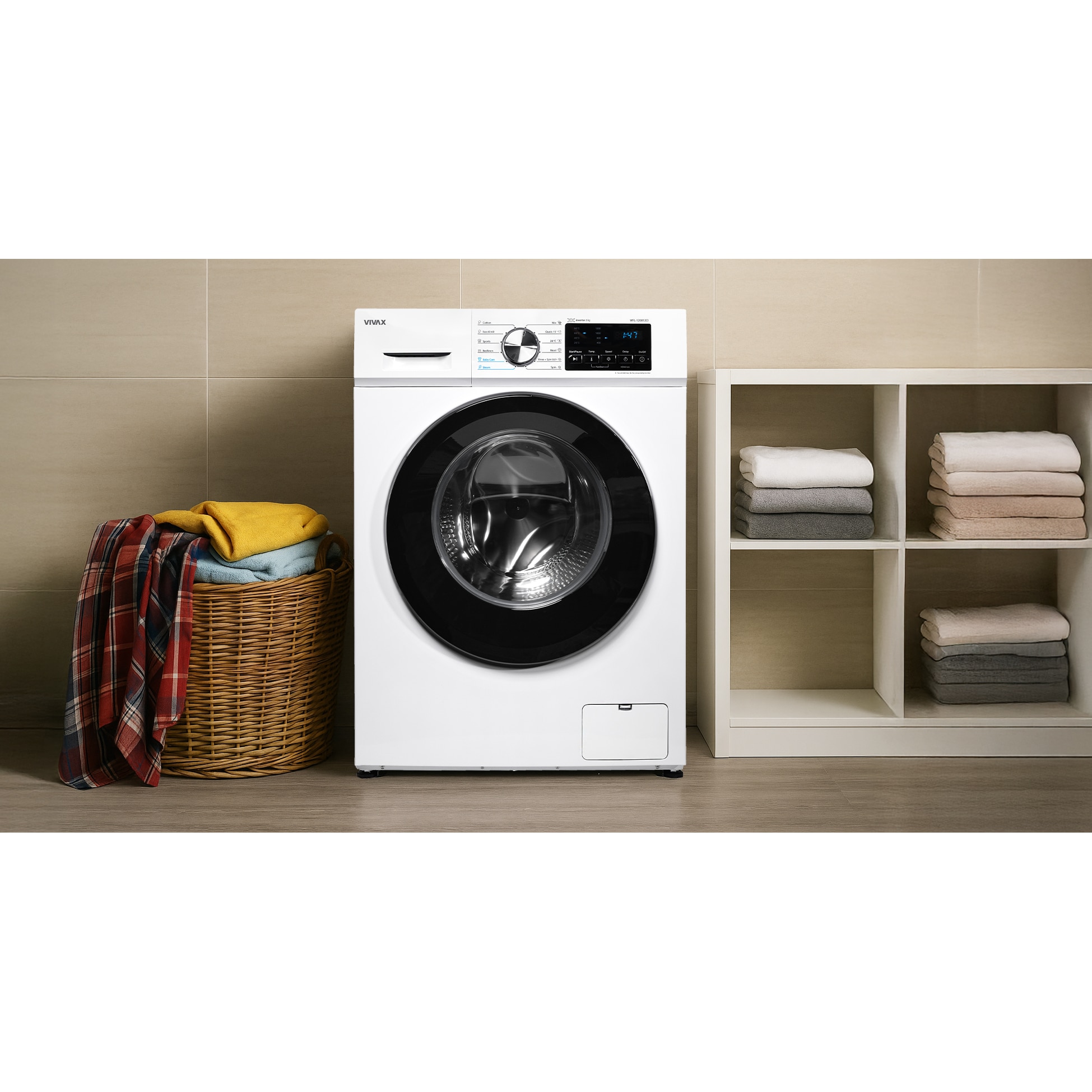 Masina de spalat rufe VIVAX WFL-120812CI, 8kg, 1200 RPM, BLDC Motor Inverter, Clasa A, Steam, Baby Care, Eco, Display digital, Control electronic, Drum Clean Sterilization, Quick Wash, Delay Start, 12 Programe, Alb