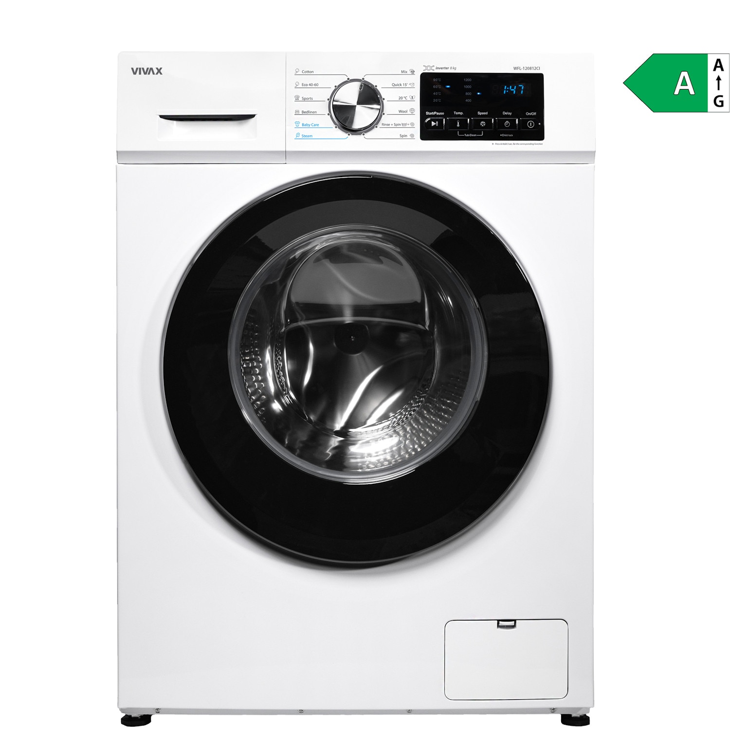 Masina de spalat rufe VIVAX WFL-120812CI, 8kg, 1200 RPM, BLDC Motor Inverter, Clasa A, Steam, Baby Care, Eco, Display digital, Control electronic, Drum Clean Sterilization, Quick Wash, Delay Start, 12 Programe, Alb