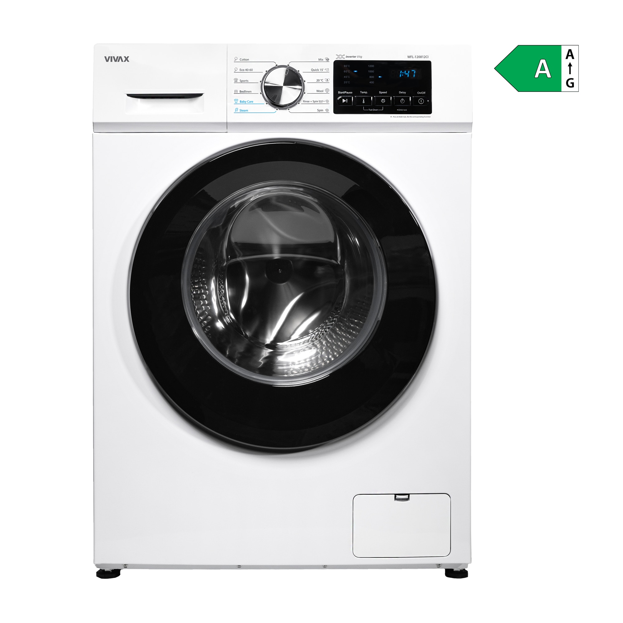 Masina de spalat rufe VIVAX WFL-120812CI, 8kg, 1200 RPM, BLDC Motor Inverter, Clasa A, Steam, Baby Care, Eco, Display digital, Control electronic, Drum Clean Sterilization, Quick Wash, Delay Start, 12 Programe, Alb