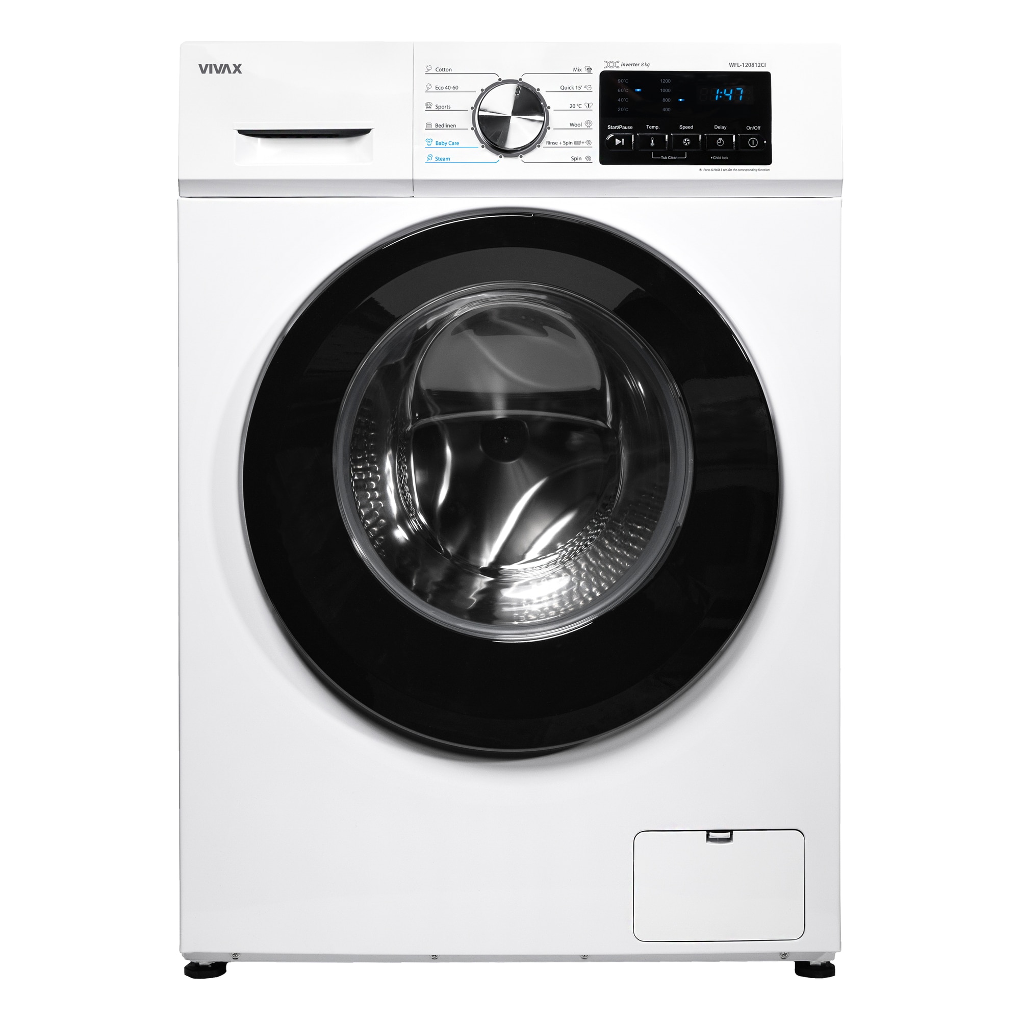Masina de spalat rufe VIVAX WFL-120812CI, 8kg, 1200 RPM, BLDC Motor Inverter, Clasa A, Steam, Baby Care, Eco, Display digital, Control electronic, Drum Clean Sterilization, Quick Wash, Delay Start, 12 Programe, Alb