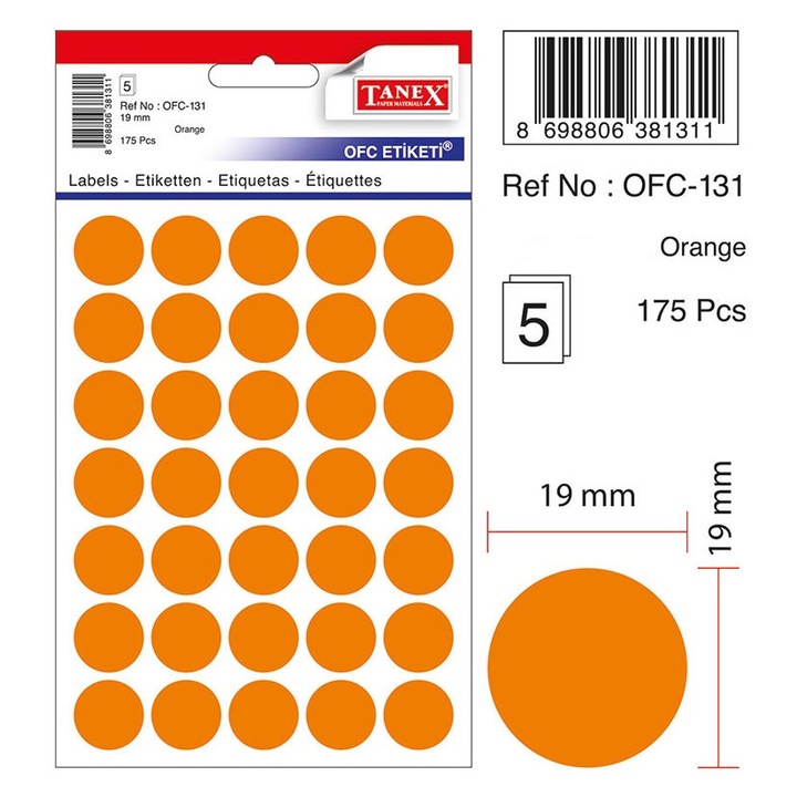 Etichete Autoadezive Color, D19 Mm, 175 Buc/set, Tanex - Orange