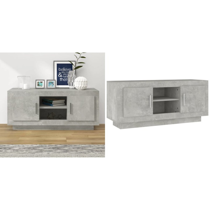 Comoda TV, gri beton, 102x35x45 cm, lemn prelucrat
