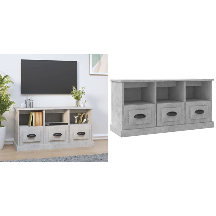 Comoda TV, gri beton, 100x35x50 cm, lemn prelucrat
