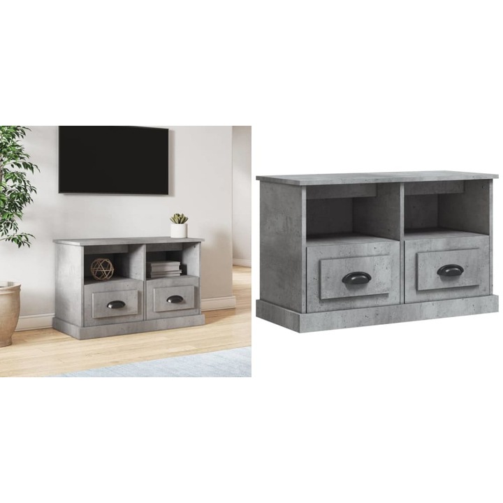 Comoda TV, gri beton, 80x35x50 cm, lemn prelucrat