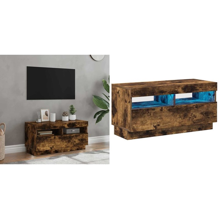 Comoda TV cu lumini LED, stejar fumuriu, 80x35x40 cm
