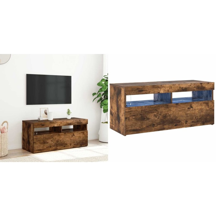 Comoda TV cu lumini LED, stejar fumuriu, 90x35x40 cm