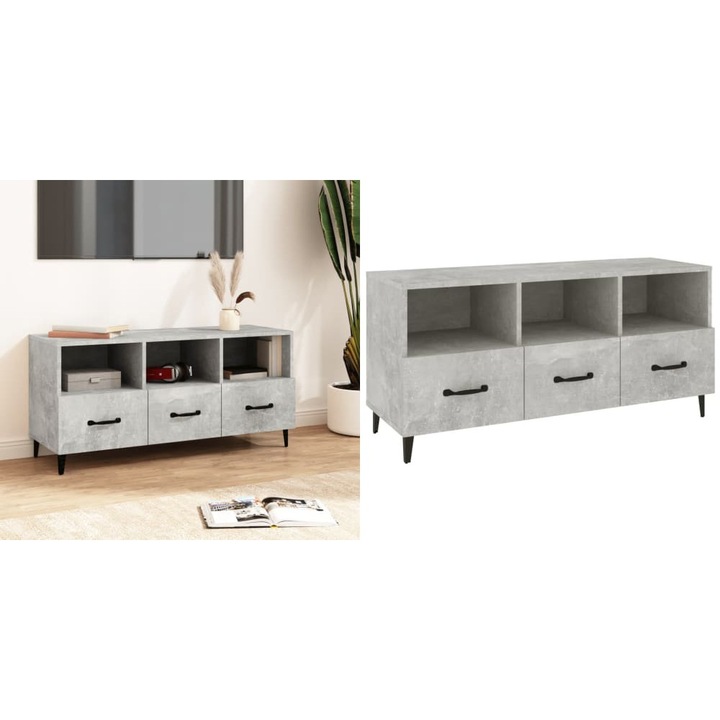 Comoda TV, gri beton, 102x35x50 cm, lemn compozit