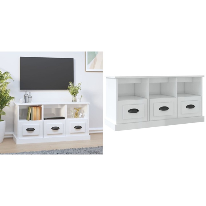 Comoda TV, alb extralucios, 100x35x50 cm, lemn prelucrat