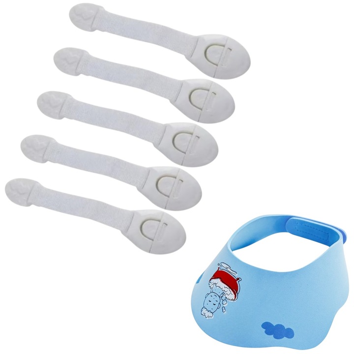 Set 5 incuietori, pentru sertar frigider aragaz, dulap dresing, se aplica pe suprafetele lucioase, fine, netede, 21 cm, ambalat individual + 1 Protectie apa, sapun, samponare masura reglabila