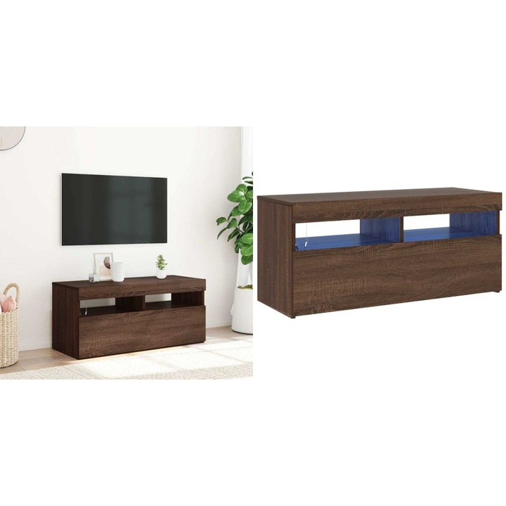 Comoda TV cu lumini LED, stejar maro, 90x35x40 cm