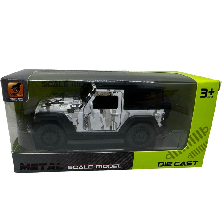 Macheta Jeep Wrangler camuflaj alb sunete lumini deschide usile 1/36