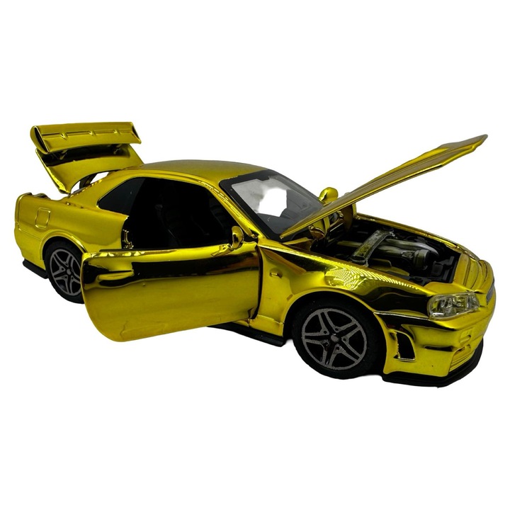 Nissan Skyline GTR R34 modellautó, arany színű, 1:32 méretarányú, fém replika, fényekkel és hangokkal, nyitható ajtókkal